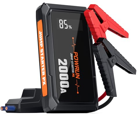 Powrun PX Booster Batterie Voiture 2000A,Démarreur de Voiture(Jusqu'à 6.0L Essence ou 5.0L Gazole),12V Jump Starter avec Pinces de Sûreté Intelligentes,Lampe de Poche LED, étui de Transport.