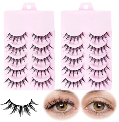 QOMJUFA Faux Cils Naturel Bande Transparente Minces 10 Paires Faux Cils Oeil de chat Reutilisable Fake Lashes Moelleux faits à la main Mink Fluffy False Eyelashes