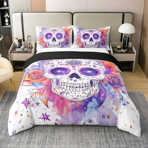 Schädel Blumen 100% Baumwolle Bettbezug 220x240,Gotische Vintage Skelett Tröster Abdeckung für Kinder Jungen Mädchen,Bohemian Retro Blumen Weiche Bettwäsche Set für Schlafzimmer,Chic Boho Bettbezug