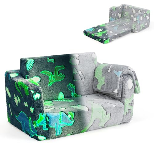 DREAMADE Canapé Enfants Brille dans Le Noir,2 en 1 Canapé Convertible Tout-Petits avec Couverture,Housse Amovible&Lavable en Machine,Fauteuil Pliable pour Garçons Filles 3+Ans (Gris+Dinosaure)