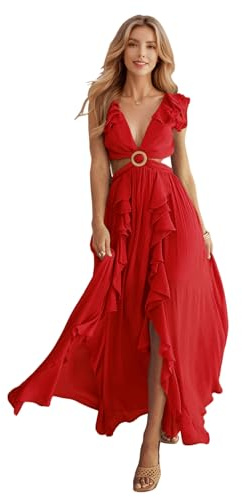 HEYPORK Damen Frühling Sommer Kleider Lässig Bequem Kleid Modern Elegant Röcke Frauen Slim Rückenfreies Kleid V-Ausschnitt Gerafften Schlitz Langen Rock(Rot, L)