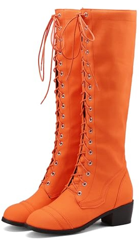 BEAUPAS Women's Knee High Combat Boots Lace Up Riding Boot, Orange, 6