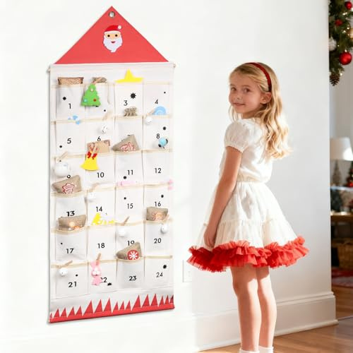 Fabric Advent Calendar, Empty Advent Calendar to Fill Yourself, Reusable Wall Christmas Countdown Decoration Xmas, with 24 Pockets Canvas