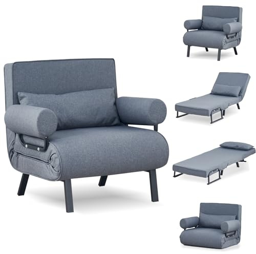 TRIOBLADE Folding Sofa Bed 4-in-1 Convertible Sofa Chair Bed Folding Sleeper Couch with 6-Position Backrest Comfortable Armrests Pillow Chaise Lounge Couch Recliner for Home Office (Grey, 65cm)