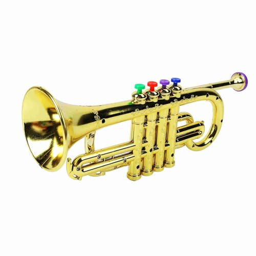 Cocoarm Tromba Giocattolo per Bambini, Strumento Musicale Educativo con 4 Tasti Colorati per Bambini, Suono di Tromba Reale, Colore Oro, Materiale in Plastica