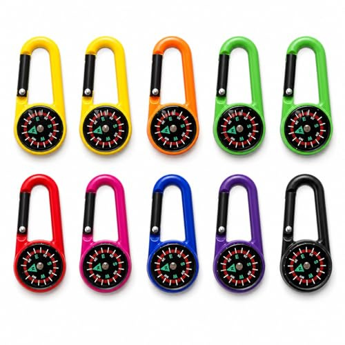 VBK 10 Pièces Boussole avec Mousqueton, Mini Boussole Porte Clés pour Randonnée Camping, Petite Boussole pour Sac à Dos 8 Couleurs Assorties Légère et Robuste