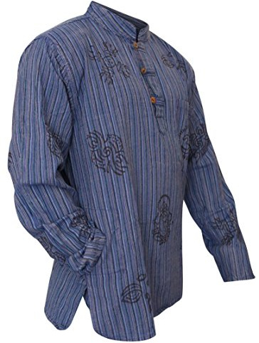 Shopoholic Fashion Men's Hippie Stonewashed Stripe Long Sleeve Cotton Summer Grandad Shirt (XL,Blue)