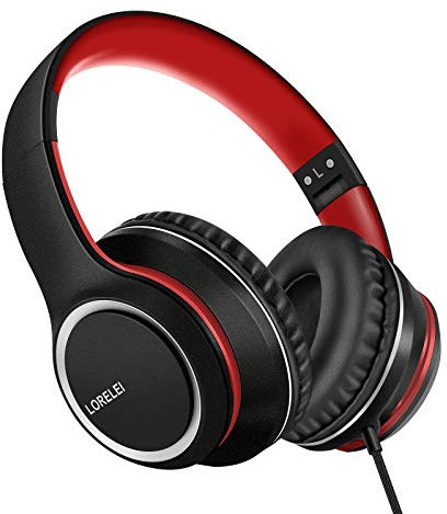 LORELEI X8 Over-Ear-Kopfhörer mit Mikrofon mit 1,45 m verwicklungsfreier Nylonschnur und 3,5-mm-Stecker, leicht, faltbar und tragbar, für Smartphone, Tablet, Computer, MP3/4, （Schwarz/Rot）