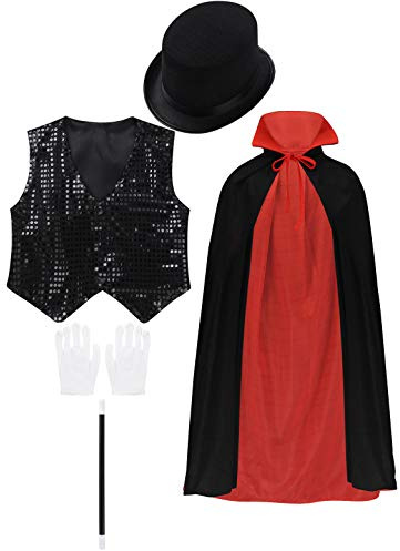 Hansber Kids Boys Girls Jr Magician Deluxe Costume Reversible Full Cloak Cape with Accessories for Party/Stage Black-Vest-Set 8-9