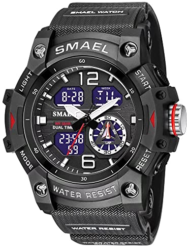 SMAEL Montre militaire pour homme - Étanche - Multifonctions - LED - Date - Alarme - Numérique - Analogique, 8007 Noir, Large Face