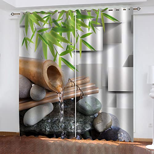 BKTTDS Rideau Occultant Enfant - 3D Feuille De Bambou Zen, Eau Qui Coule Motif Rideau Occultant Thermiques Phonique pour Salon Cuisine 200X160cm(LxH) 2 Panneaux Rideau Chambre Moderne Rideaux À Oeill