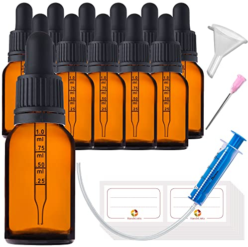 HandsUnity 15ml-12pcs de Flacon de Pipette Petit Flacon en Verre - d'apothicaire en Verre Ambré avec Capuchon de Pipette Blanc Comprenant 29pcs d'accessoires Bouteilles en Verre Brun