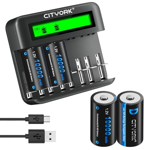 CITYORK Paquete de 4 baterías recargables D Cell de 10000 mAh Ni-Mh con cargador de batería AA/AAA/C/D Ni-MH de 8 ranuras