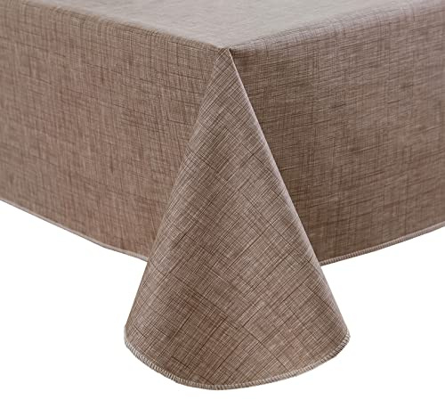 Pioggia Vinyl Tablecloth with Flannel Backing Rectangle Waterproof Oil-Proof Plastic Table Cloth Wipeable PVC Table Cover for Indoor and Outdoor (Linen, 60 x 84 Inch)