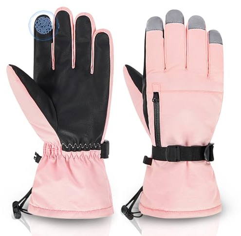 Kids Winter Gloves Waterproof with Zip Pocket Snow Ski Gloves Boys Girls Toddler Windproof 04 Pink Large