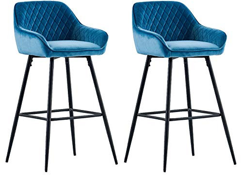 AINPECCA Barhocker 2er Set Samt Tresenhocker Bistrohocker mit Fußstütze, Rückenlehne, schwarzen Metallbeine und Sitzfläche aus Velours für Hausbar, Bistro und Counter (2, blaugrün)
