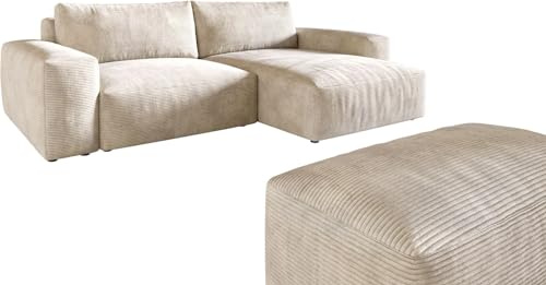 DeLife Canapé d'angle Lanzo XL Velours côtelé Beige 270x180 cm Recamière Variable avec Tabouret