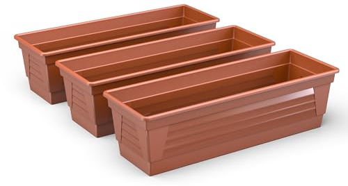 Plastard Blumenkasten 3er Set 80 cm lang Farbe Terrakotta Pflanzkasten, Balkonkasten, Blumenkübel aus witterungsbeständigen Kunststoff für Garten und Balkon