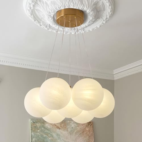 Boho Caged 7-Lights Milk Glass Bubble Chandeliers Lighting, Modern Nordic Large Globe Chandelier Mid-Century Ball Pendant Light Fixture for Bedroom, Living Room, Dining Room, Entry, Island