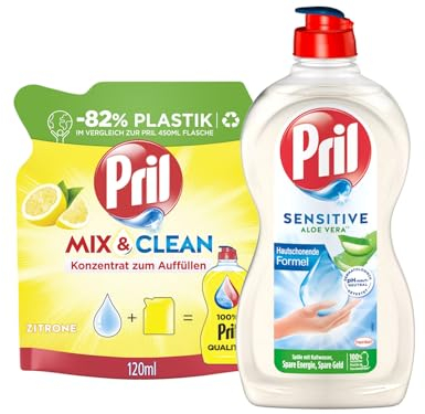 PRIL-Set 1x Original Konzentrat Mix & Clean Zitrone (1x 120ml) & 1x Sensitive Aloe Vera (1x 450ml), Handgeschirrspülmittel-Set mit höchster Fettlösekraft, für sauberes Geschirr