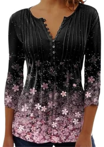 ABYOVRT Tunika Damen Elegant V-Ausschnitt 3/4 Arm Bluse Tops Locker Blumen Oberteile Henley Longshirt Lässige T-Shirt Langarm Hemd,Schwarz,S