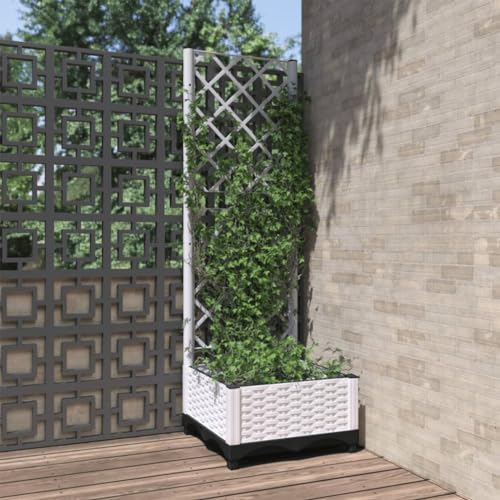LAPOOH Trädgårdsplanterare med spaljé vit 40 x 40 x 122 cm PP, trädgårdsplanterare, trädgårdsplanterare utomhus, för utomhusväxt blomma grönsaksgryta – 153279