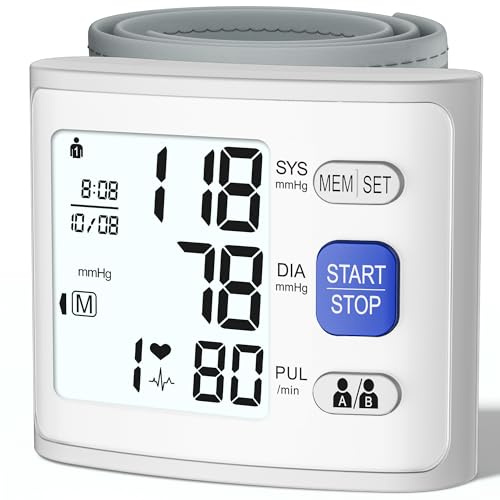Wrist Blood Pressure Monitor LCD Display, Adjustable Wrist Blood Pressure Cuff 90x2 Reading Memory Wrist Bp Monitor with Storage Case(White)