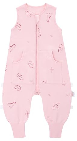LAT Babysovsäck med fötter, 0,5 TOG 100 % bomull baby sommarsovsäck, mjuk och ventilerande babysovsäck med ben och fickor för barn, Rosa dinosaurie, M, S-XL