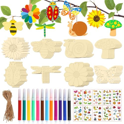 Pluvyze Lot de 40 pendentifs en bois à peindre pour enfants, animaux en bois à peindre, avec 40 cordes de chanvre, 12 crayons aquarelle, 10 autocollants de la série d'insectes, bricolage, décoration