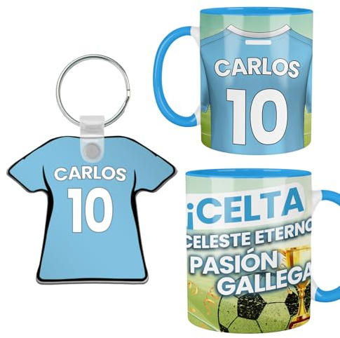 Kembilove® Pack Taza y Llavero Fútbol Celta Personalizados | Nombre y Número | Regalo Celeste para Aficionados y Niños | Regalos personalizados Navidad