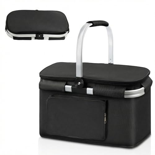 Ecofocet Grande Cestino Picnic Pieghevole, Cestino per la Spesa Pieghevole, Borsa Termica con Manico in Alluminio, Cestino Termico Portatile, per Shopping Picnic Campeggio, 41×25×24 cm (Nero)