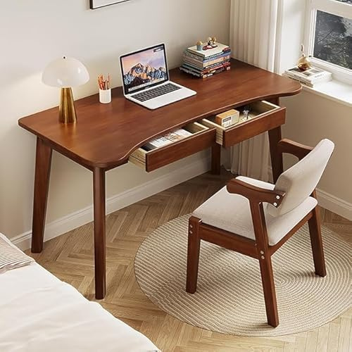 79 cm Datorskrivbord med Låda för Hemmakontor, Skrivbord i Massivt Gummiträ med Böjd Skiva, Modernt Studiebord för Sovrum, Valnöt(Walnut,31 inch)
