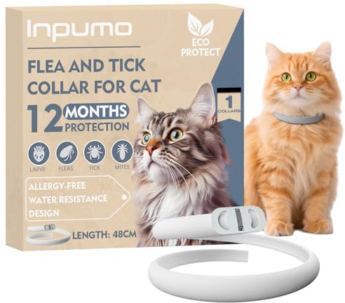 Inpumo Collar Antiparasitario Gatos, Impermeable Collar Antipulgas Gatos Natural, Protección 12 Meses, Ajustable 48 cm Seguro y Cómodo para Todo Tipo de Gatos (48CM)