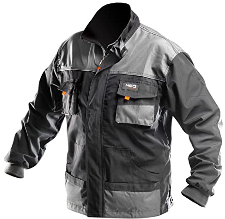 NEO TOOLS Chaqueta de trabajo profesional, serie HD, bolsillos reforzados y multifuncionales, zonas reflectantes, funda para smartphone EN ISO 13688:2013, negro/gris, tallas S-XXL