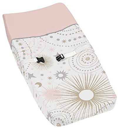 Sweet Jojo Designs Star and Moon Girl Baby Changing Pad Cover – Infant Newborn Diaper Table Change Mat Sheet - Blush Pink Gold and Grey Celestial Sky Stars Shabby Chic