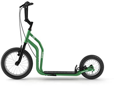 Yedoo Three Tretroller - ab 140 cm Körperhöhe, bis 120 kg, mit Luftreifen 16/12 - Cityroller für Erwachsene und Kinder mit verstellbaren Lenker und Ständer, grün