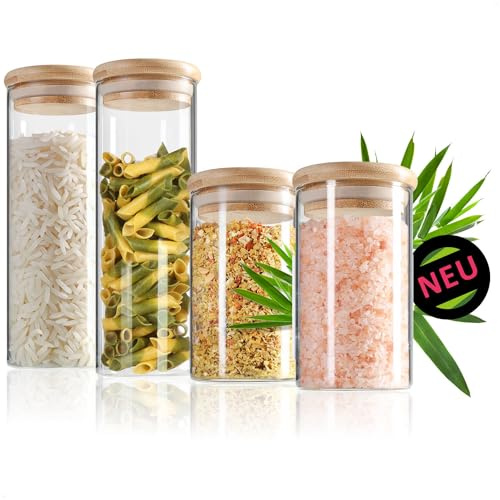 Robin Goods® Set di barattoli da 4 pezzi con coperchio in bambù - Barattoli per alimenti, spezie - Conservazione ermetica in vetro borosilicato rinforzato - 0.25L / 0.5L (04 pezzi - 250/500 ml)