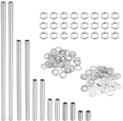 sourcing map Tige Filetée Creuse pour Lampe Trousse avec Encoches Écrous Rondelles 1/8IP Filetage Fixations Assortiment pour Luminaire Plafonnier Réparation Assemblage Coffret de 84
