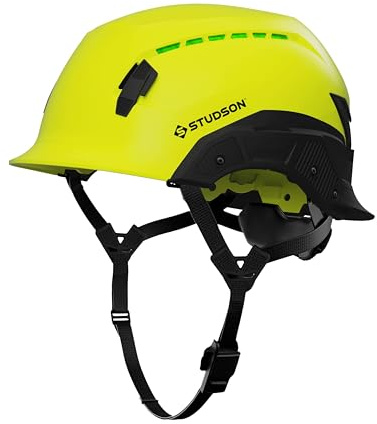 Studson SHK 1 Vented Safety Helmet - Ultralight, Brainshield, Modular Brim, Fidlock Buckle, 4 Point Strap, Breathable, Rainproof, 20KV Protection - Hi-Vis Yellow, M/L, 53-59cm