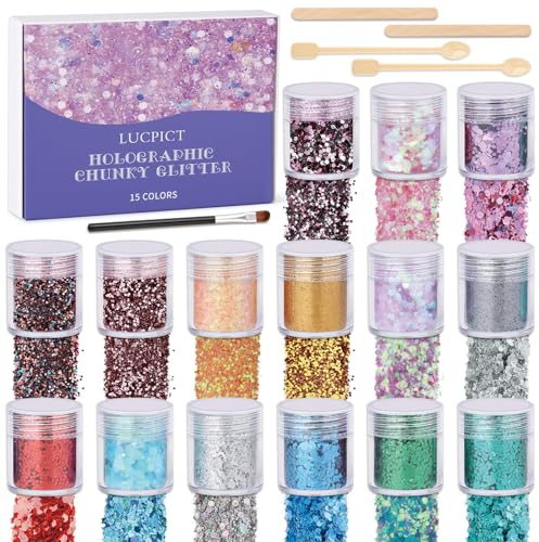Holografischer Chunky Glitzer - 15 Farben Pulver Set für Harz, Bastel, Becher, Schleim, Schmuck, Festival-Dekoration, Kosmetik für Nagel, Körper, Gesicht, Haare, Make-up