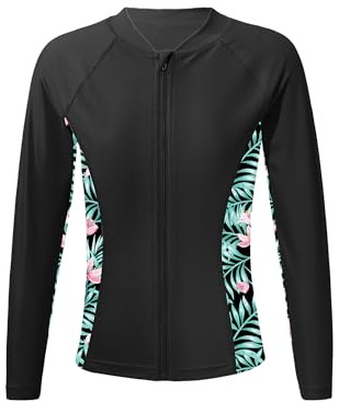 Doomiva Enfant Fille T-Shirt de Bain Anti-UV Maillot de Bain à Manche Longue Rashguard pour Surf Natation Plongée Plage Protection Solaire 5-16 Ans Noir 13-14 Ans