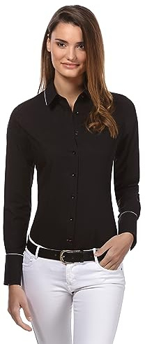 Vincenzo Boretti Camicia-Blusa Donna Elegante, Taglio Abbastanza Aderente, Manica-Lunga, in Tinta Unita, Facile da Stirare, Collo Classico Nero 46