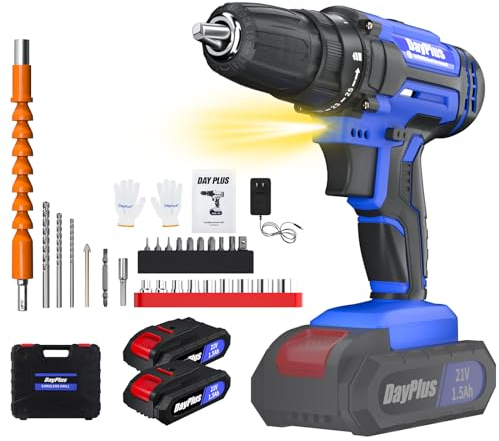 Avvitatore a Batteria,Trapano Avvitatore Batteria 21V, 45Nm Avvitatore Elettrico con 2 batterias 1.5Ah, 26CS Accessori, 2 Velocità, 25+1 Coppie,LED,blu,set di progetti fai da te per case e giardini
