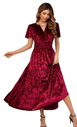 R.Vivimos Automne Hiver Femmes Velours Maxi Robe Manches Courtes V Col en échelons Ruffle Une Ligne Robe Vintage(L,Crushed-WineRed)