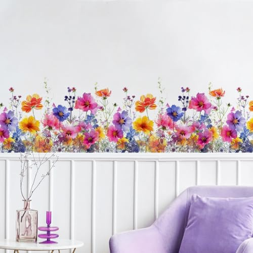 Runtoo Watercolor Flower Wall Corner Stickers Floral Garden Baseboard Skirting Line Wall Decals for Bedroom Nursery Classroom Home Decor (W:40 inches)