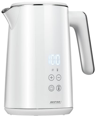 MPM MCZ-120 Wasserkocher 1,5L mit Doppelwand-Design, Temperaturregelung 40–100°C, Edelstahl-Innenbehälter, 2200W, Geräuscharm, Schnell aufheizend, Smart-Touch-Tasten, Leicht & Elegant, Weiß