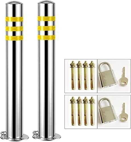 XBDLYQBD Parking Barrier, for Parking Lot Set of 2 Parking Bollards Removable Stainless Steel Safety Barrier with Reflective Strips Strong Parking Barrier