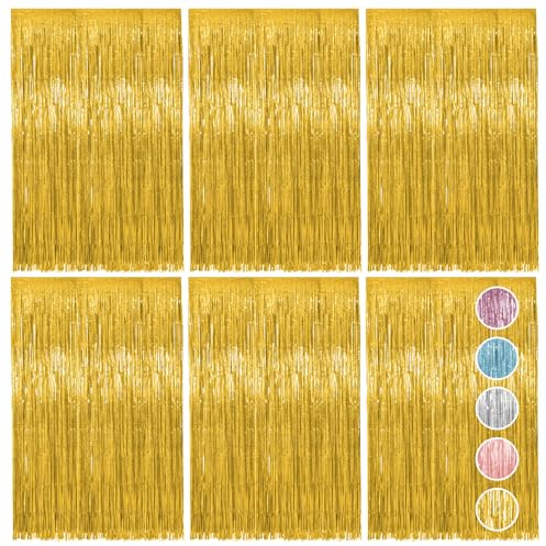 Vaktop 6pcs Foil Curtain, Gold Tinsel Curtain, Metallic Foil Fringe Curtains, Hanging Door Streamers for Birthday Party Wedding Holiday Graduation Bridal Shower Backdrop Decoration (3.3 x 6.6ft)