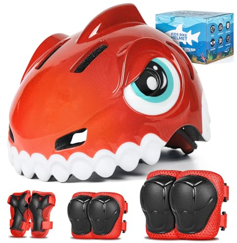 FUNWICT Casco Bicicleta Niño 3D Animados Casco Bici para Niños y Niñas de 3-8 Años Ajustable Casco Bici Bebe con Juego Protectores para Bicicleta, Patinete y Skateboard (Rojo Set, S: 50-54 cm)