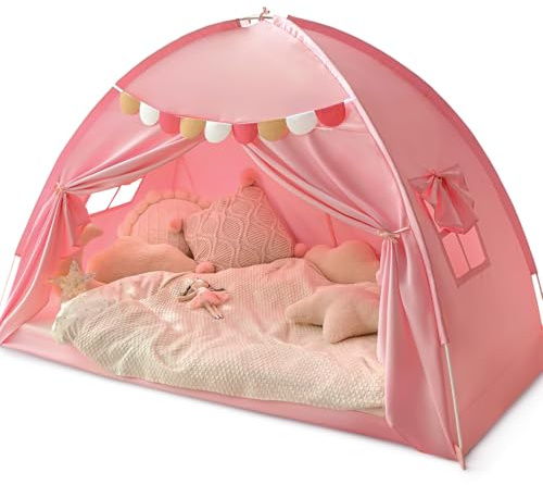 Razee Twin Bed Tent for Kids, Twin Size Bed Tents Indoor Toddler Canopy Privacy Playhouse on Bunk Sleep Inside Drafty Room for Girls, Pink, Kid House Toys for Girl Birthday Gift